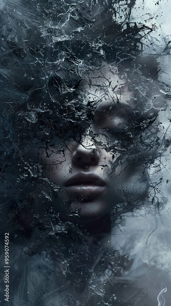 A woman's face is partially obscured by a dark, textured, abstract pattern. A woman's face is partially obscured by a dark, textured, abstract pattern.
