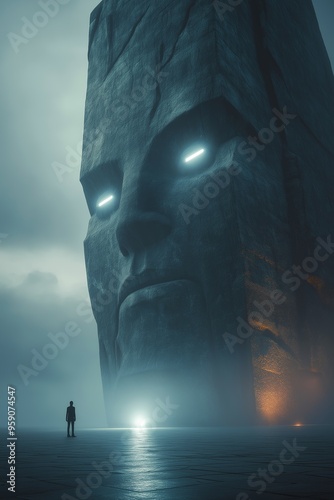 Monumental stone face with glowing eyes in foggy mysterious landscape, conceptual and artistic representation of ancient, surreal, and enigmatic power, suitable for fantasy, scifi, and mythical themes