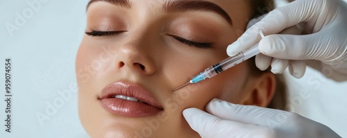 Close-up of cosmetologist hand in glove holding syringe with injection in woman's nasolabial fold area with text space on white background, banner, poster, website for advertising cosmetic procedures,