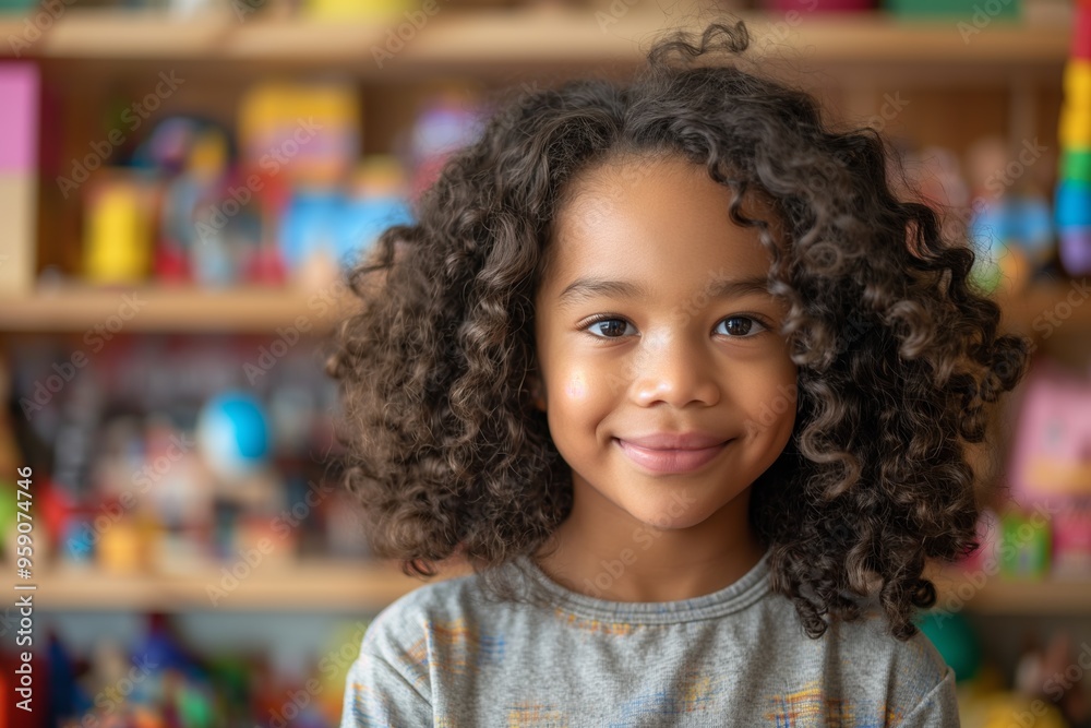 Portrait of a smiling child with curly hair in a brightly colored playroom, ideal for educational or parenting publications, highlighting the joy and innocence of childhood. Portrait of a smiling child with curly hair in a brightly colored playroom, ideal for educational or parenting publications, highlighting the joy and innocence of childhood.