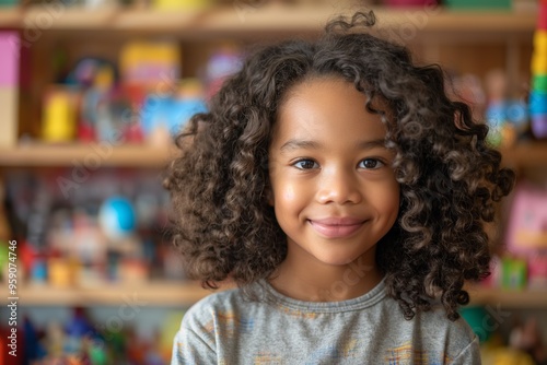 Portrait of a smiling child with curly hair in a brightly colored playroom, ideal for educational or parenting publications, highlighting the joy and innocence of childhood.