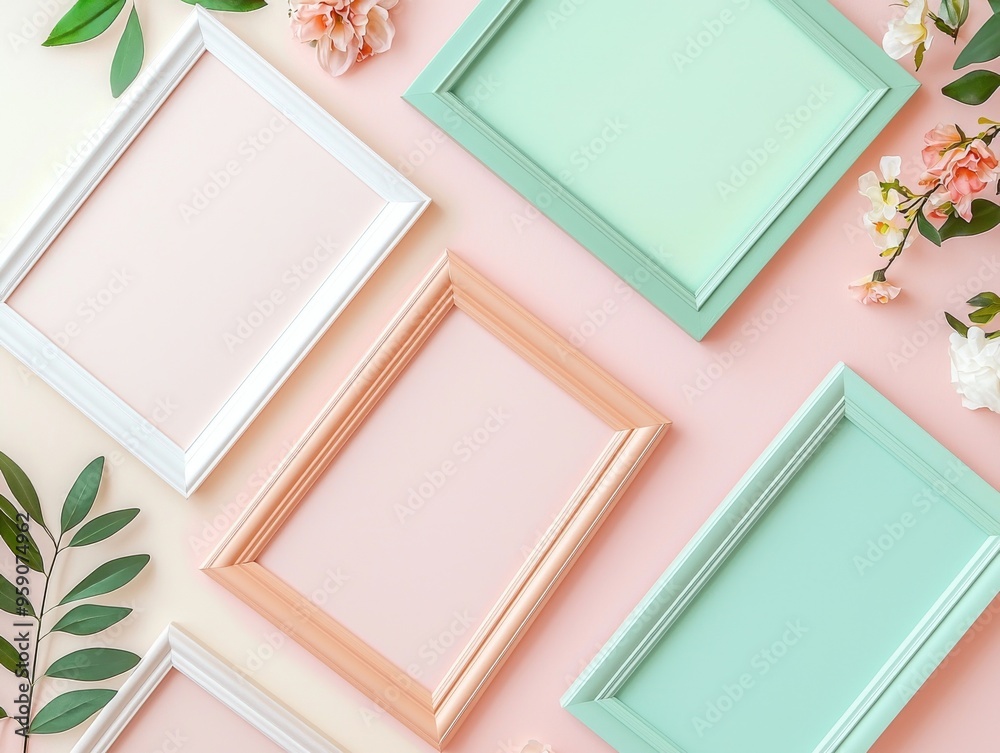 Fototapeta premium Five empty frames in various pastel colors arranged diagonally on a light pink background with greenery and flowers.