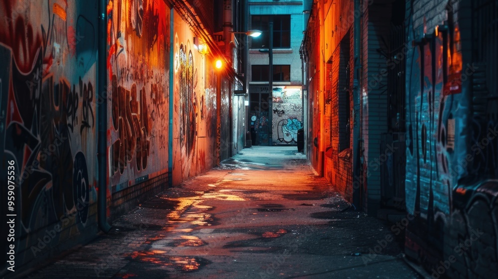 Fototapeta premium A dark alley with vibrant street art on the walls