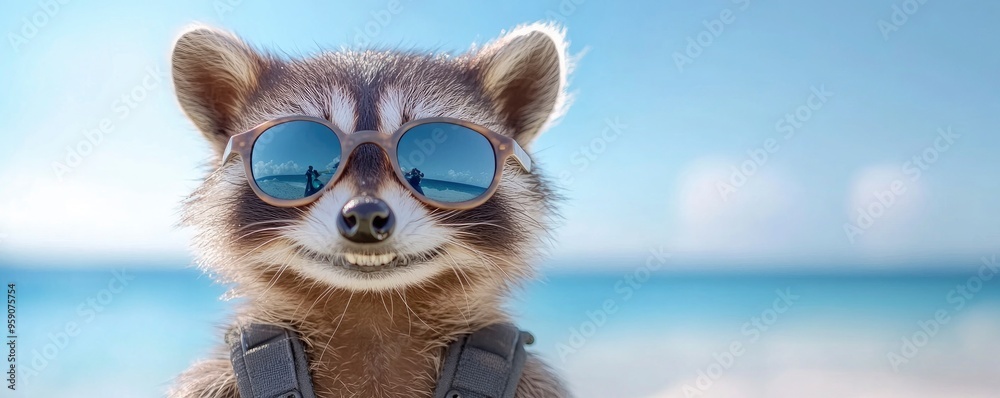 Fototapeta premium A shadowy raccoon photographer with a vintage camera and pilot sunglasses is taking pictures on the seashore.