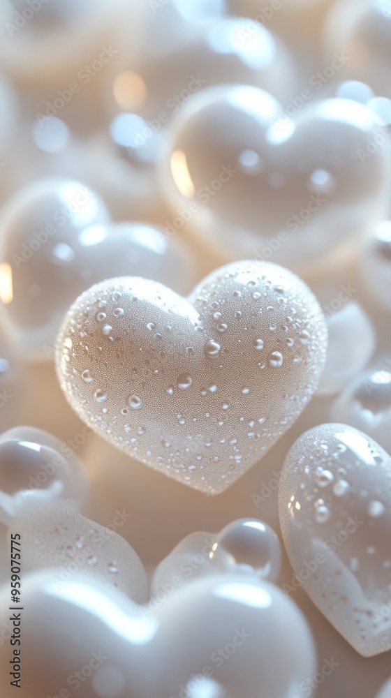 Fototapeta premium White Heart with Water Droplets in Soft Focus - A delicate white heart adorned with water droplets, surrounded by a soft blur of similar hearts in the background.