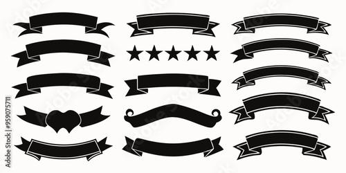 Set of Ribbon banner and decorative element, different style, white background