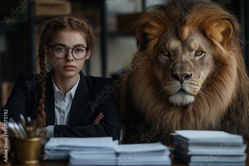Young businesswoman with lion at office table portraying confidence and leadership skills for motivational and professional development purposes