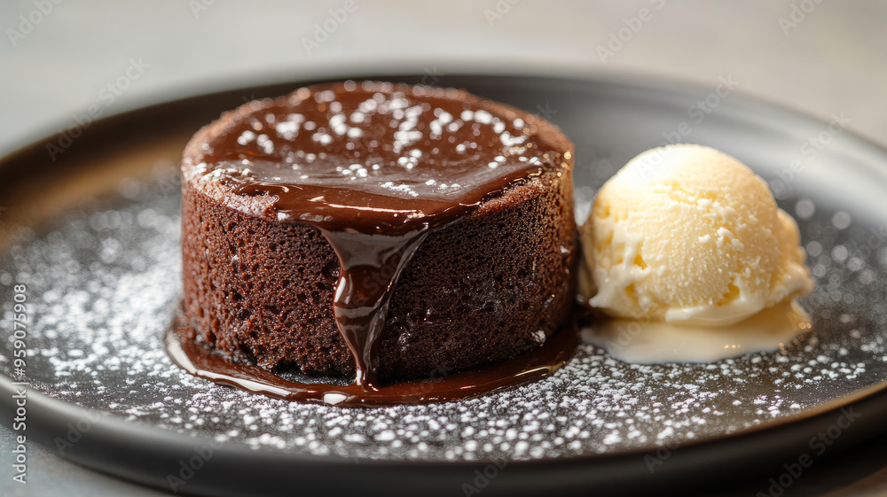 Molten chocolate cake with a scoop of vanilla ice cream Molten chocolate cake with a scoop of vanilla ice cream