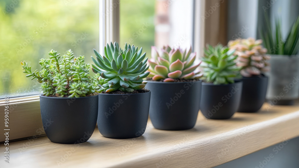 Potted succulents neatly arranged on a window sill. Potted succulents neatly arranged on a window sill.