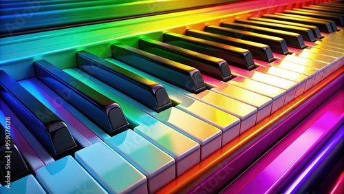 A vibrant piano keyboard displaying a full spectrum of colors during daylight. Generative AI