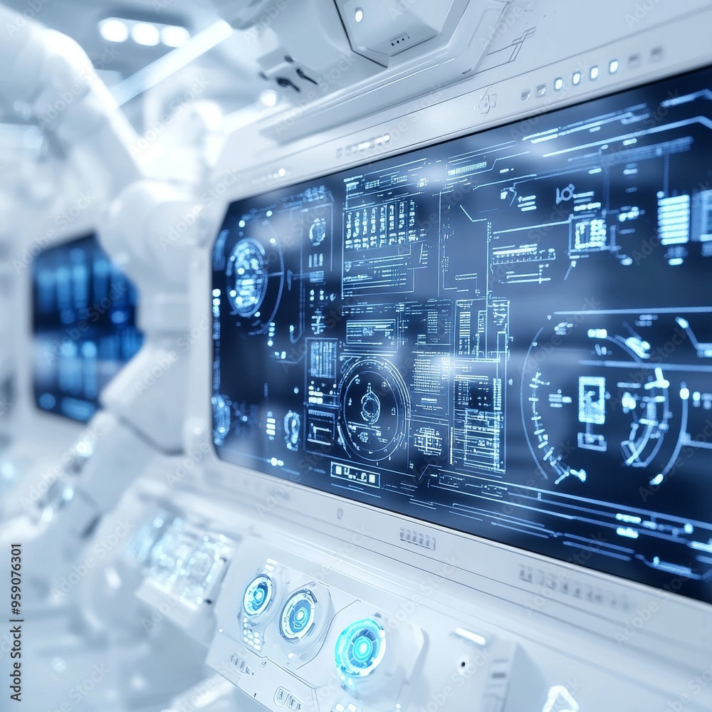 Futuristic control panel with glowing blue interfaces and robotic arm in a sci-fi setting. Futuristic control panel with glowing blue interfaces and robotic arm in a sci-fi setting.