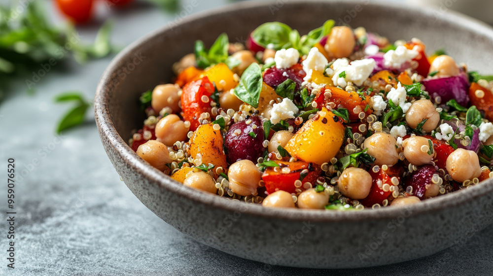 A colorful quinoa salad with chickpeas and mixed vegetables.