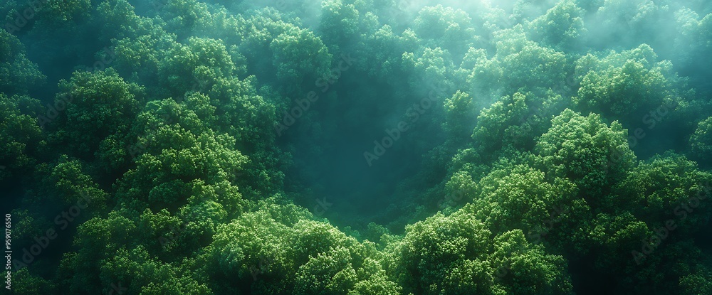 A top-down view of a lush, green forest canopy with a clearing in the center. A top-down view of a lush, green forest canopy with a clearing in the center.