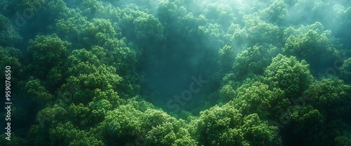 A top-down view of a lush, green forest canopy with a clearing in the center.