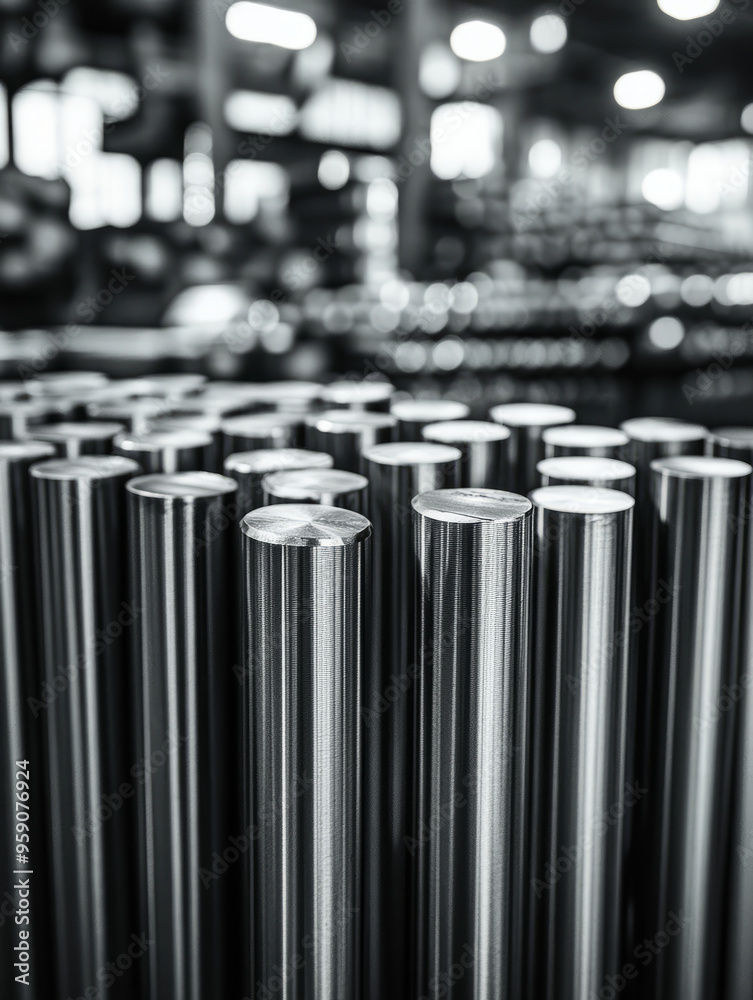 Close-up of neatly arranged steel rods in a factory setting. Close-up of neatly arranged steel rods in a factory setting.