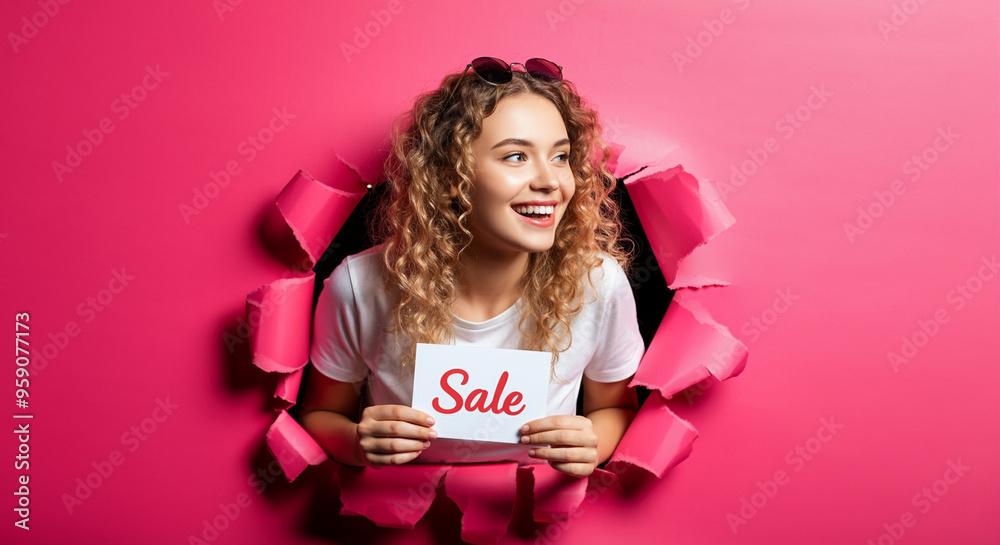 Woman promoting sale with cheerful expression in pink background