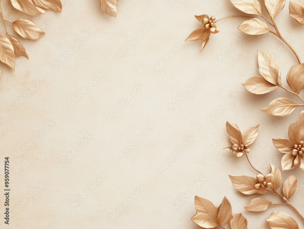 Gold leaves and flowers frame a beige background, creating a simple and elegant border. Gold leaves and flowers frame a beige background, creating a simple and elegant border.