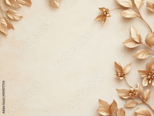 Gold leaves and flowers frame a beige background, creating a simple and elegant border.