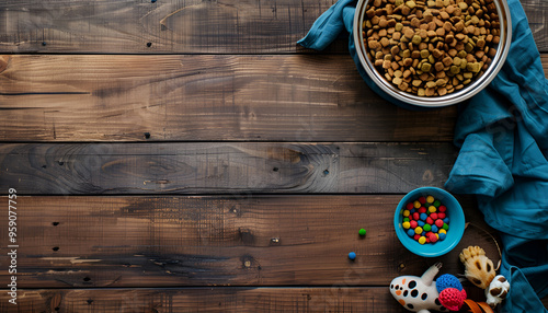 Big pet bowl - dog food with toys on wooden background top view mockup