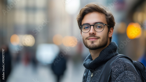 Portrait of a university student, 23 years old, with glasses, looking confident, with a softly blurred urban background