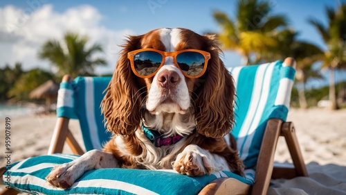 Dog at resort, dog lying on sun lounger on beach wearing sunglasses.
