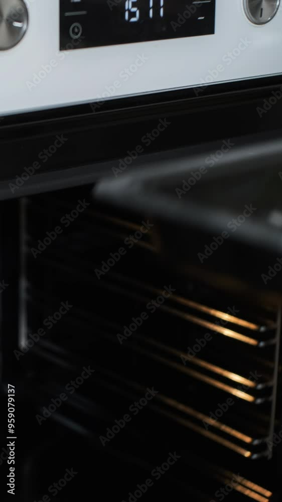 Vertical video. Close-up of a mother in a black apron placing a homemade pizza into a preheated oven, preparing a tasty meal for the family, slow motion Vertical video. Close-up of a mother in a black apron placing a homemade pizza into a preheated oven, preparing a tasty meal for the family, slow motion
