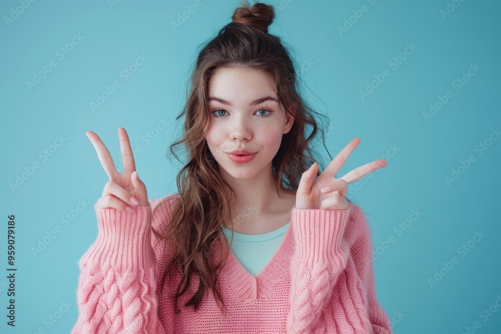 A woman holding up her hands in a peace gesture A woman holding up her hands in a peace gesture