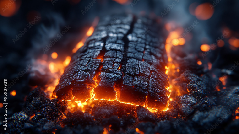 Close-up of a burning log emitting vibrant orange embers. Close-up of a burning log emitting vibrant orange embers.