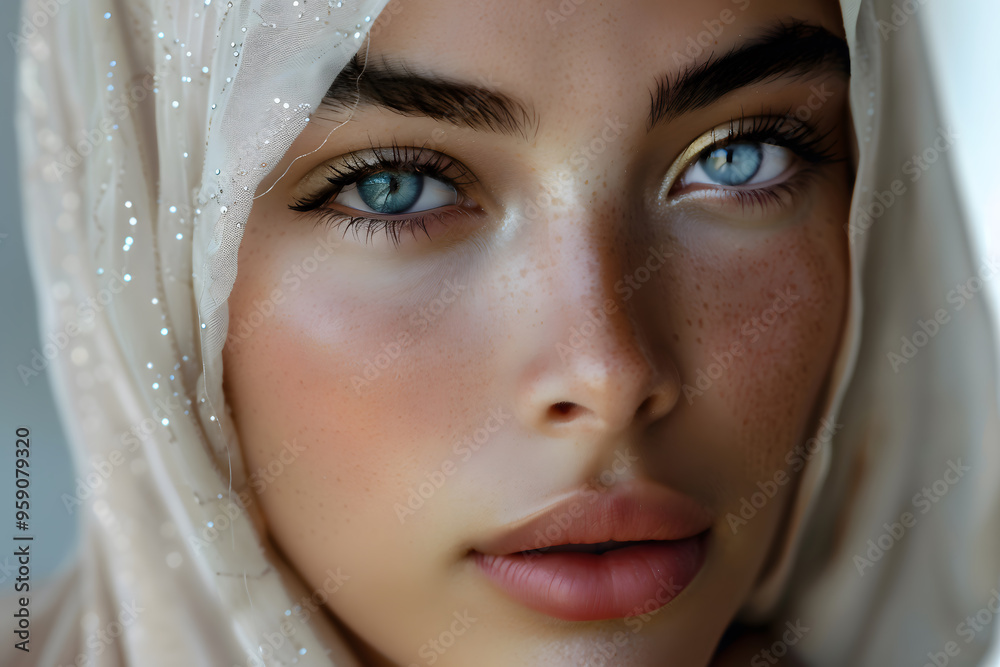 Stunning close-up of a young woman with striking features and soft, illuminated skin Stunning close-up of a young woman with striking features and soft, illuminated skin