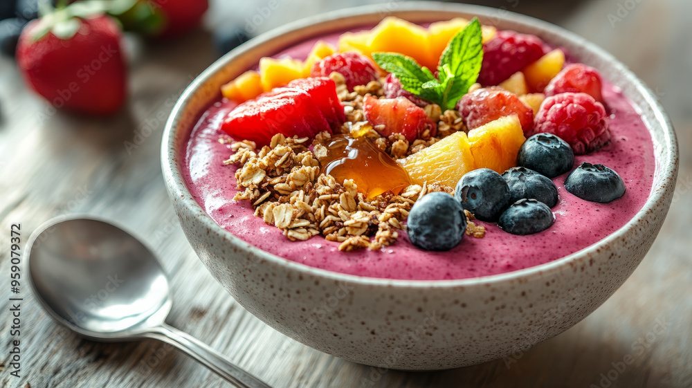 Smoothie bowl with fresh berries, granola, and a mint sprig Smoothie bowl with fresh berries, granola, and a mint sprig