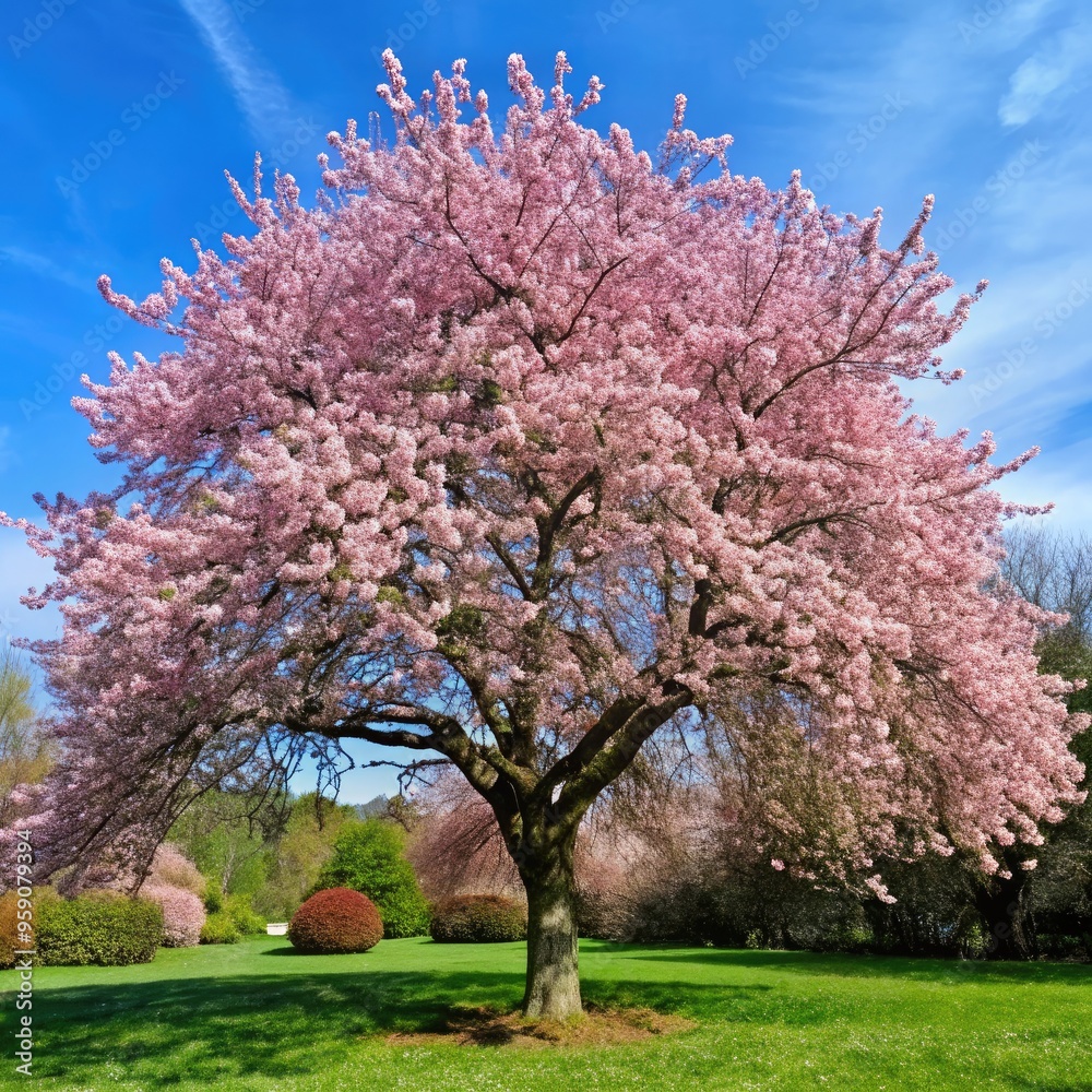 Bald Prunus Sargentii standard scale tree in full bloom during spring season. Generative AI Bald Prunus Sargentii standard scale tree in full bloom during spring season. Generative AI