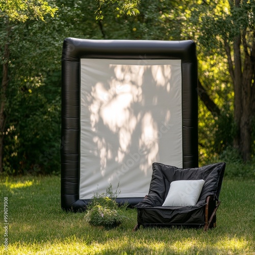 Inflatable movie screen set up outdoors with a chair and pillows for an outdoor movie night. photo