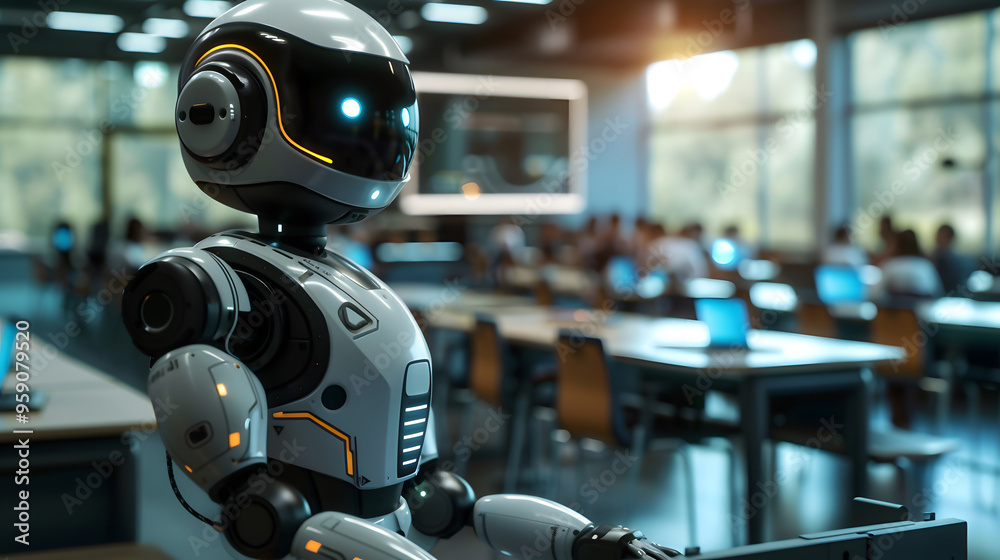 A robotic educator teaching students in a futuristic classroom setting. Generative by AI A robotic educator teaching students in a futuristic classroom setting. Generative by AI