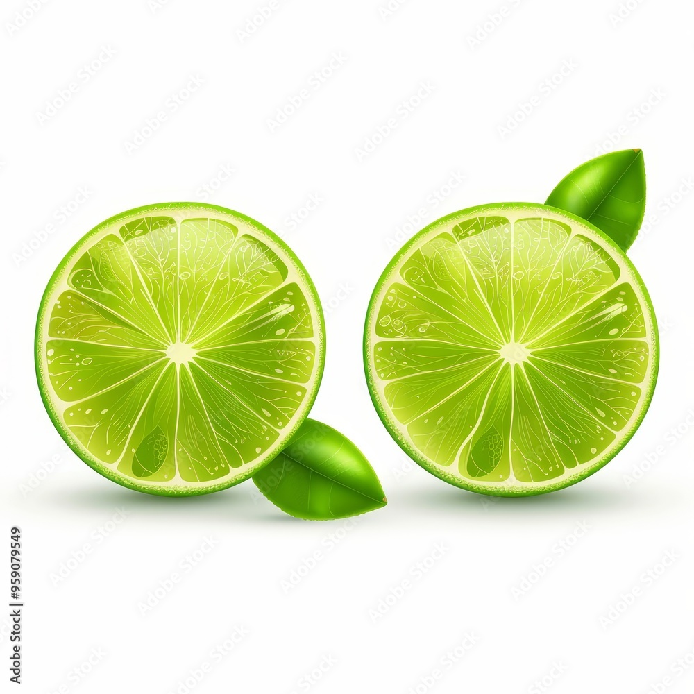 Thai lime halves, fresh fruit element, minimalist vector design, crisp green, isolated on white background