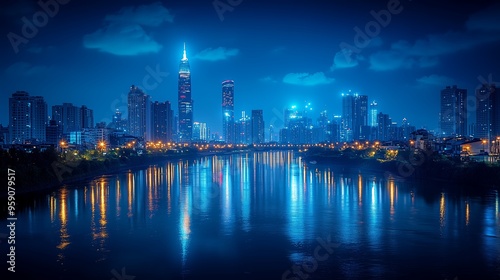Fototapeta Naklejka Na Ścianę i Meble -  Night view of a vibrant city skyline reflecting on a river in a clear blue atmosphere, showcasing modern architecture and illuminated buildings