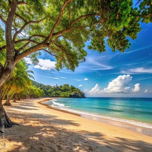 Tranquil beach with lush trees and clear blue waters under a sunny sky. Generative AI