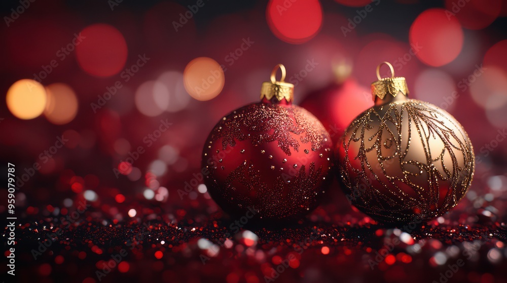 Elegant Christmas Ornaments with Red Bokeh Background Elegant Christmas Ornaments with Red Bokeh Background