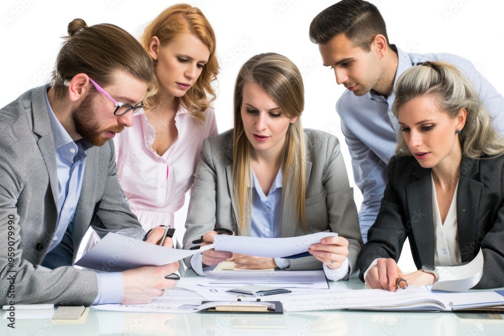 Group of people analyzing documents during a meeting Group of people analyzing documents during a meeting