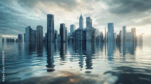 Futuristic city skyline with modern skyscrapers reflecting in calm water under a dramatic sky, capturing urban tranquility.