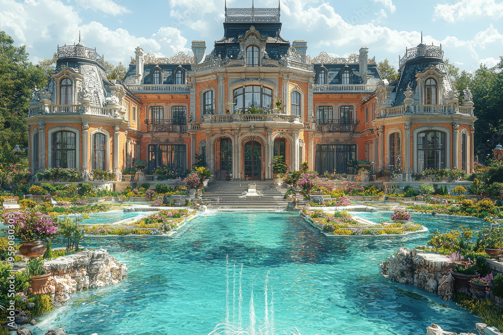 Naklejka premium A lavish, luxurious mansion with opulent decor contrasted with a dilapidated, rundown building showing signs of neglect. Concept of wealth and poverty.