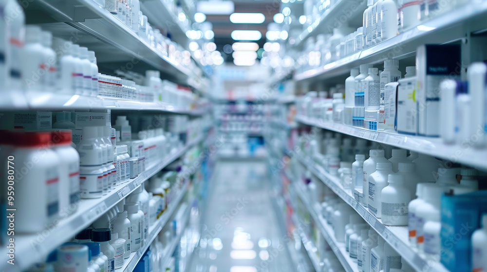 A pharmacy shelf with many bottles of medicine A pharmacy shelf with many bottles of medicine