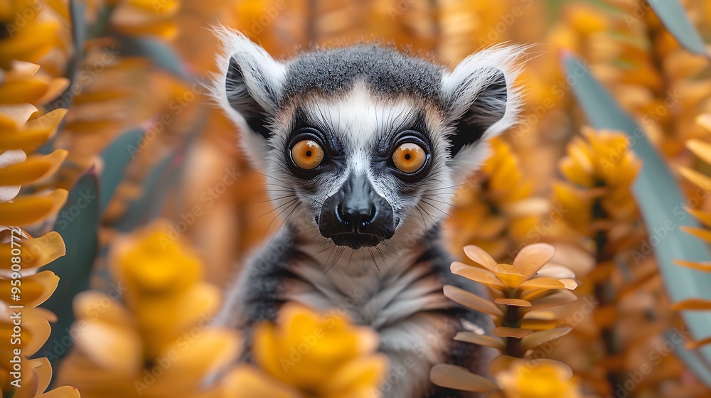 A curious ring-tailed lemur with large eyes peers out from a patch of yellow flowers. A curious ring-tailed lemur with large eyes peers out from a patch of yellow flowers.