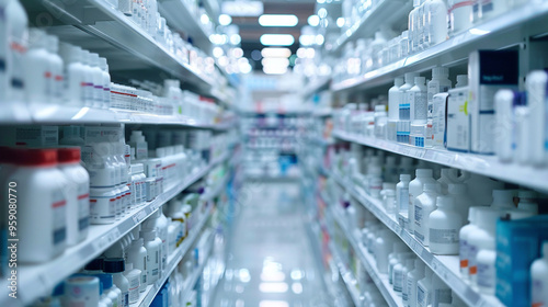 A pharmacy shelf with many bottles of medicine