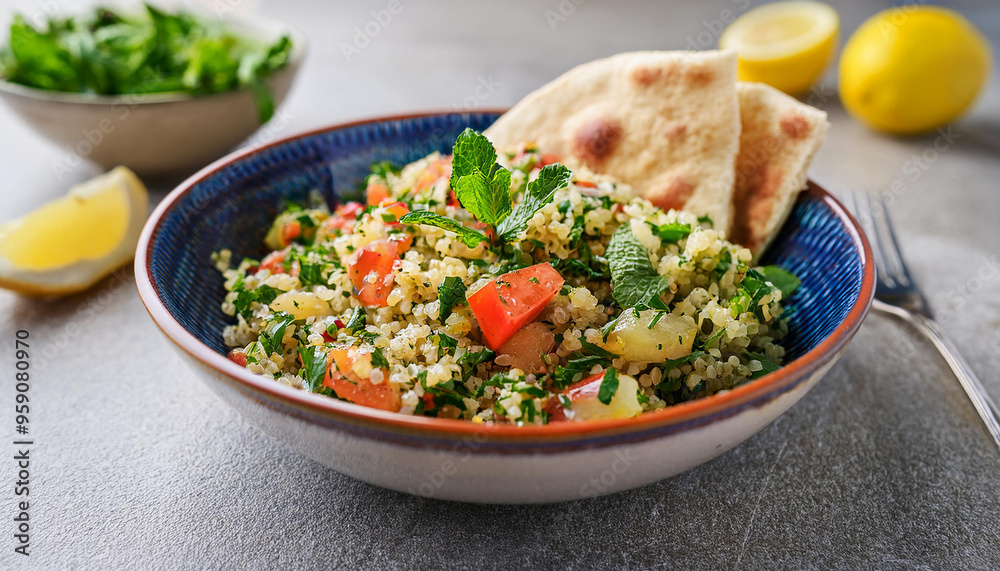 Lebanese tabbouleh, salad with parsley, tomatoes, mint bulgur, lemon wedges and pita bread. Lebanese tabbouleh, salad with parsley, tomatoes, mint bulgur, lemon wedges and pita bread.