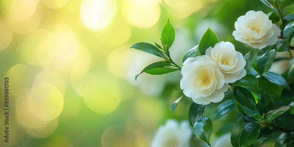 Obraz premium A soft, light abstract background featuring delicate white camellia flowers and lush green leaves, ideal for copy space