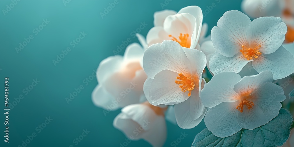 A soft, gentle abstract background featuring white and salmon begonias with a calming turquoise backdrop and ample copy space A soft, gentle abstract background featuring white and salmon begonias with a calming turquoise backdrop and ample copy space
