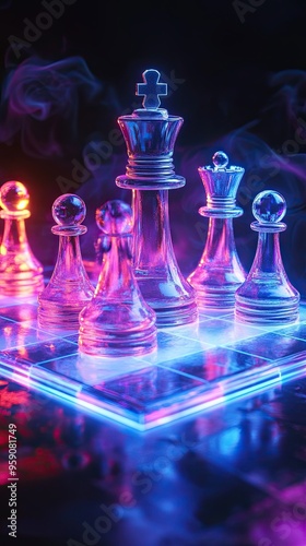 A glowing chessboard in the dark with neon pieces, strategic glowtime, intense and mysterious, evoking a futuristic game of intellect.