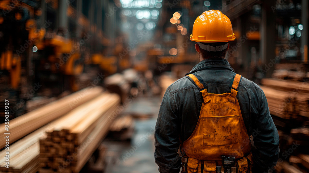 Man with a hard hat in the foreground with his back facing the camera. Man with a hard hat in the foreground with his back facing the camera.