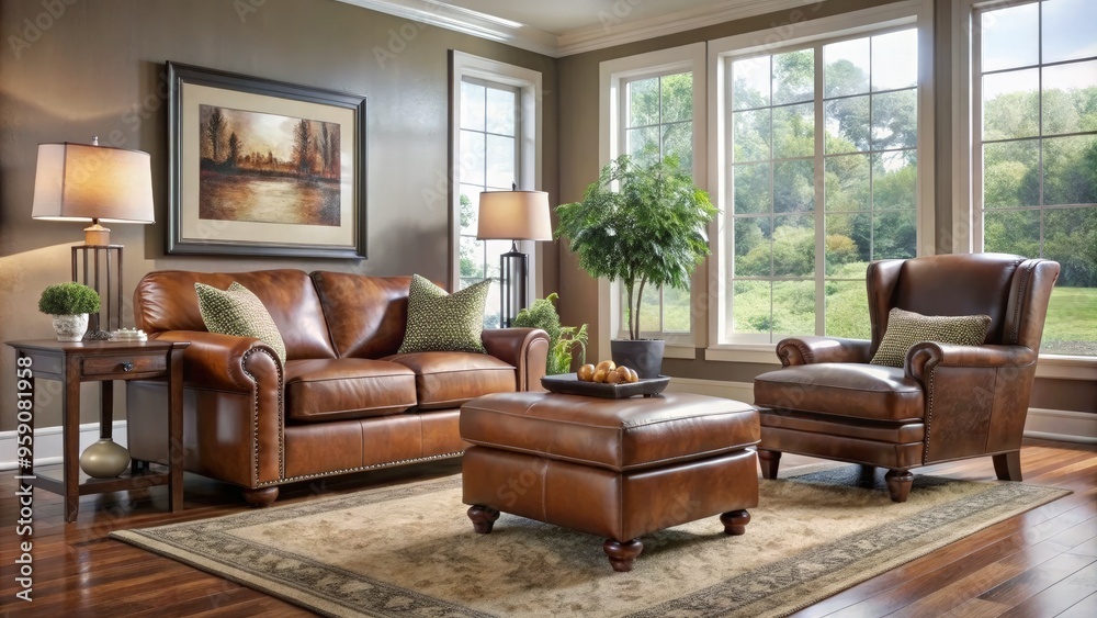 Elegant brown chair and ottoman in a well-lit interior design room ...