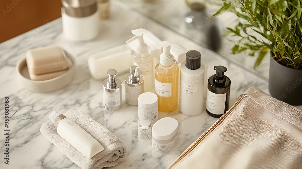 Travel-sized Toiletries: A collection of travel-sized toiletries arranged on a marble countertop with a travel bag beside them.
Travel-sized Toiletries: A collection of travel-sized toiletries arranged on a marble countertop with a travel bag beside them.